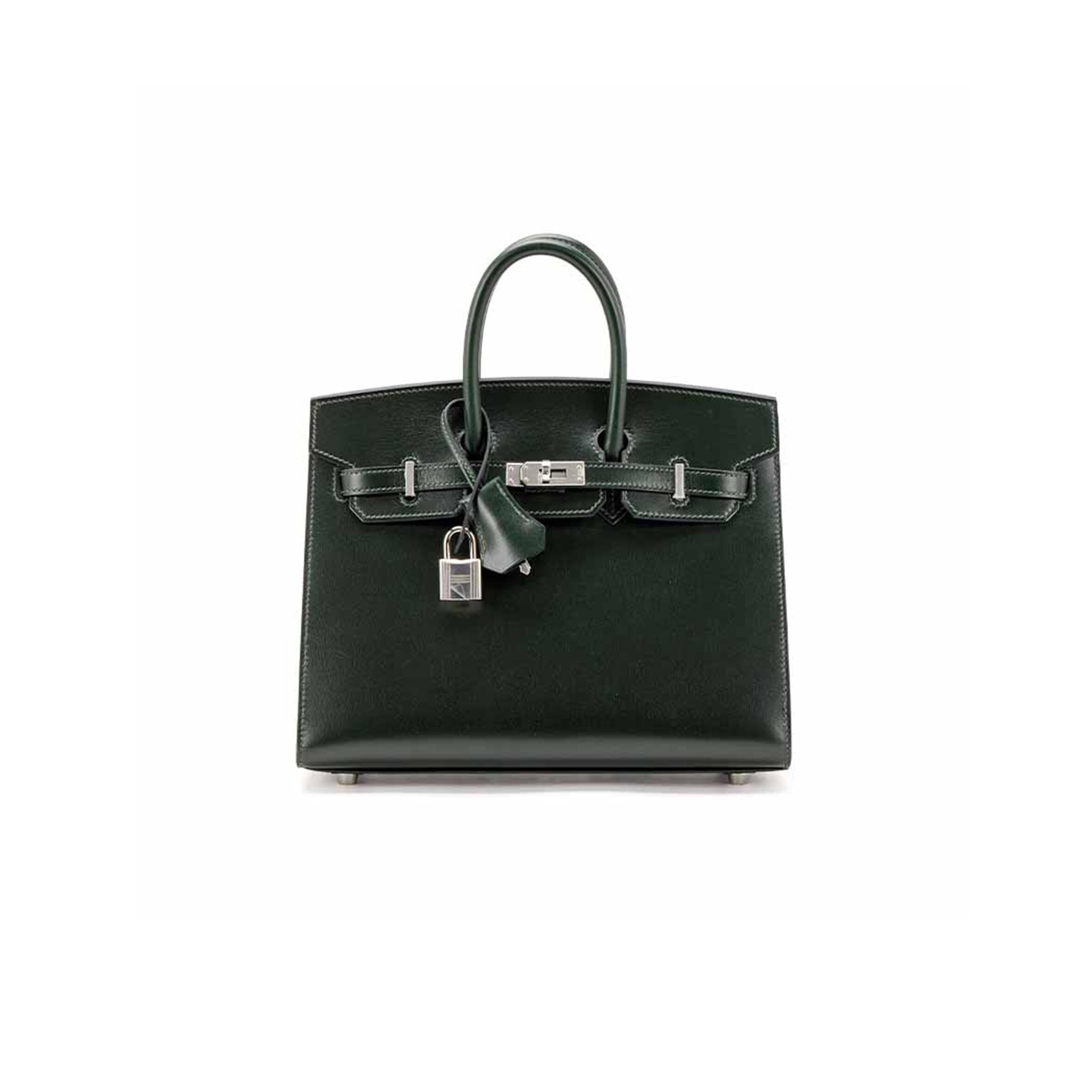 HERMÈS BIRKIN 25 SELLIER VERT FONCE BOX CALF PALLADIUM HARDWARE  (25*20*13cm)